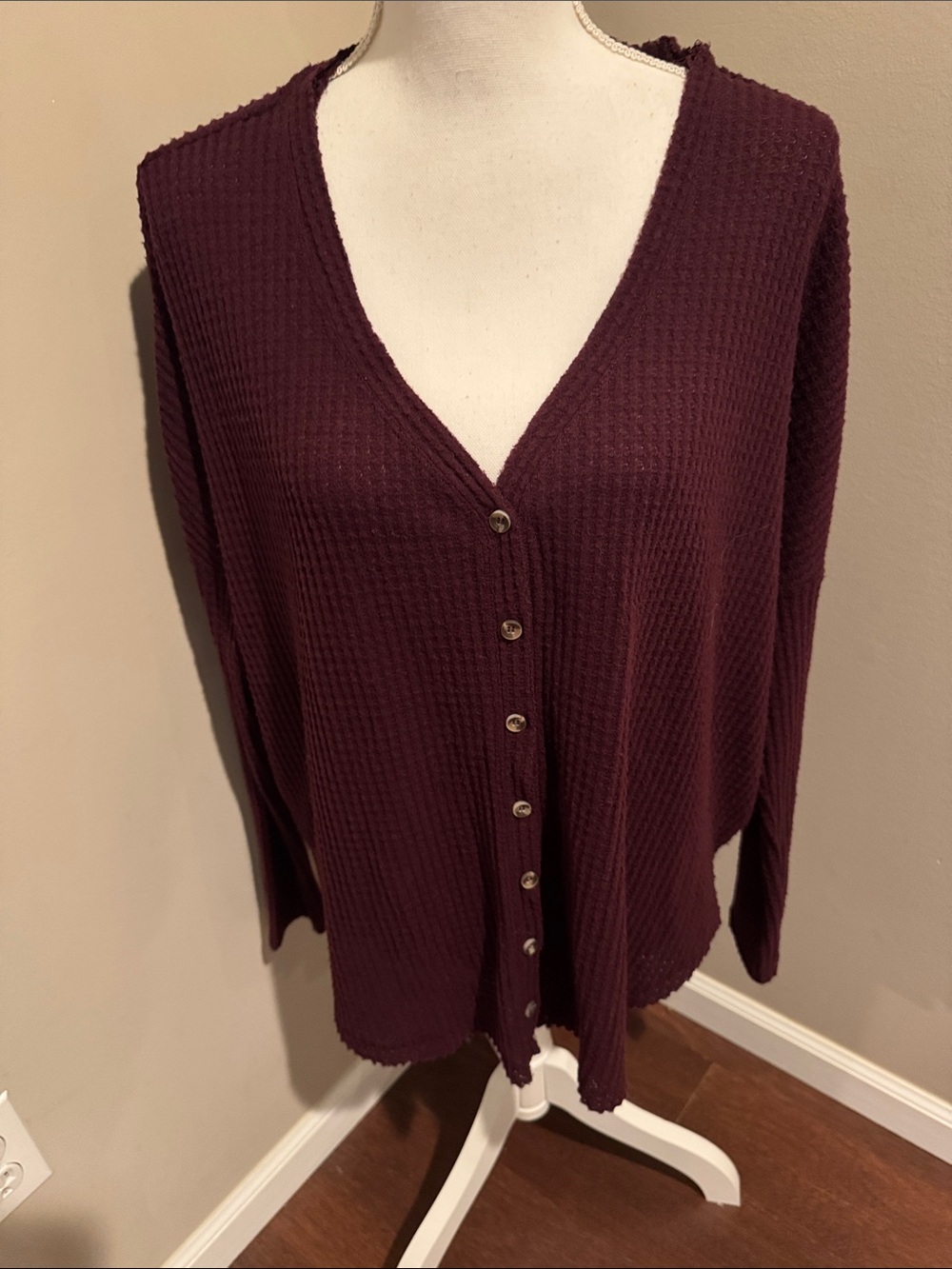 Urban Outfitters Out From Under Jojo Waffle Knit Cardigan Top in burgundy